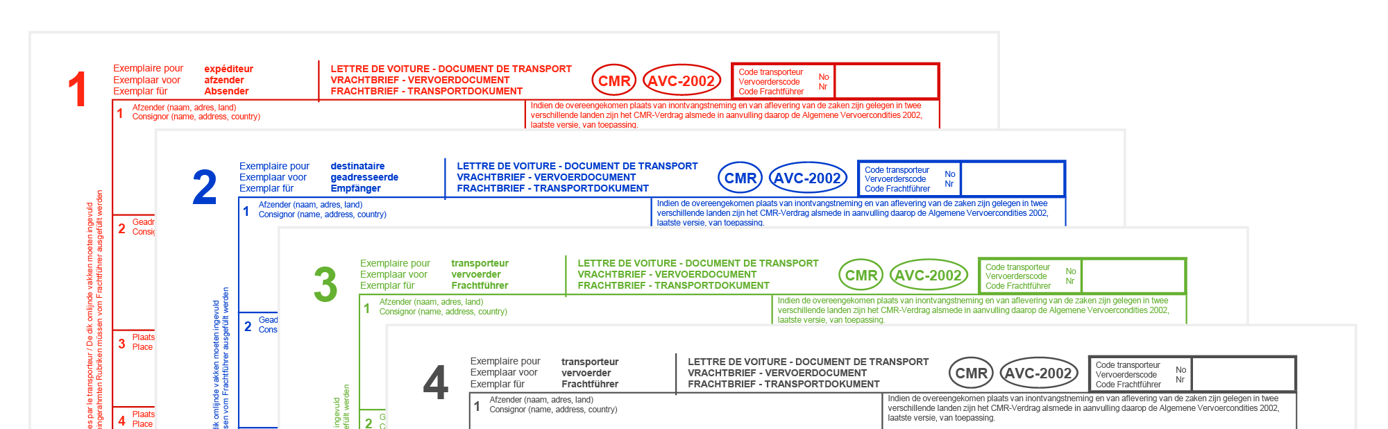 The letterhead of the four versions of the CMR waybill.